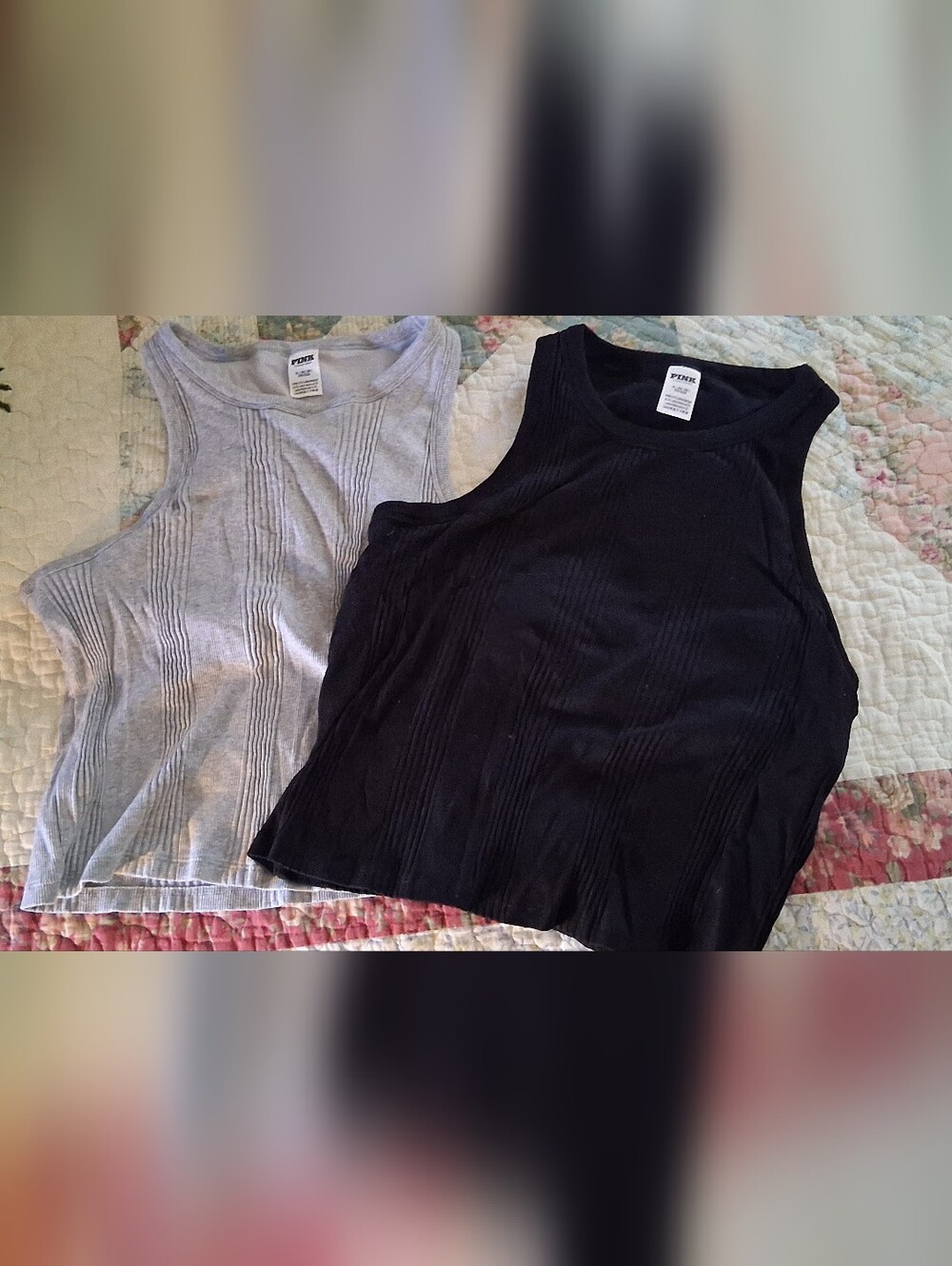 PINK Victoria's Secret Black & Grey Ribbed Tank Set